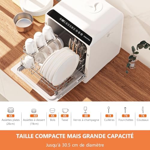 mini lave vaisselle karlxtom de table avec commandes tactiles led 45cm, 6 programmes, lavage des fruits et soins bébés