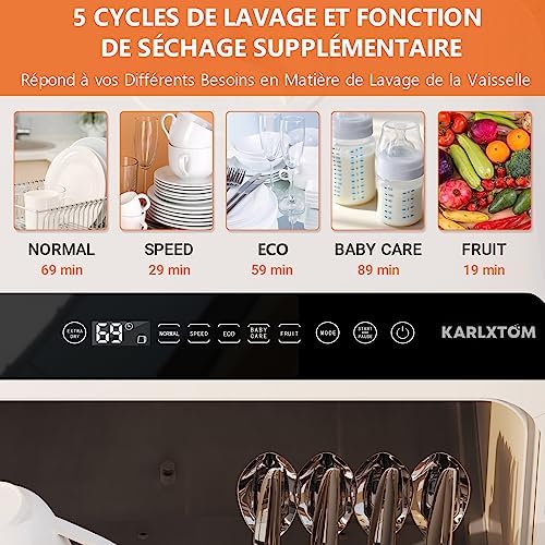 mini lave vaisselle karlxtom de table avec commandes tactiles led 45cm, 6 programmes, lavage des fruits et soins bébés