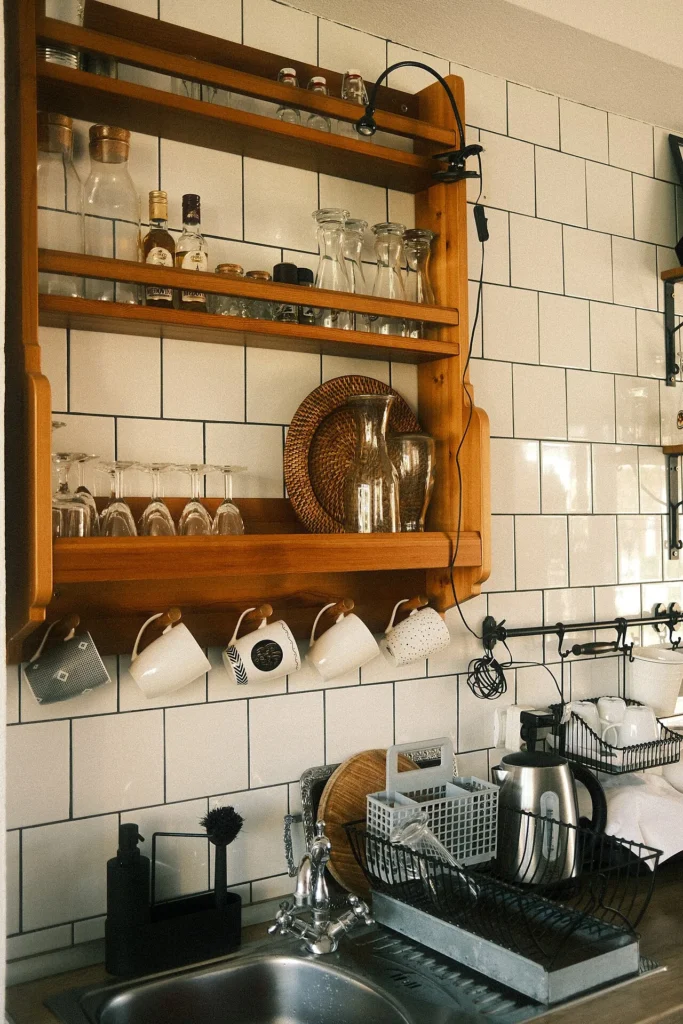 Étagère de cuisine avec verres et tasses rangés